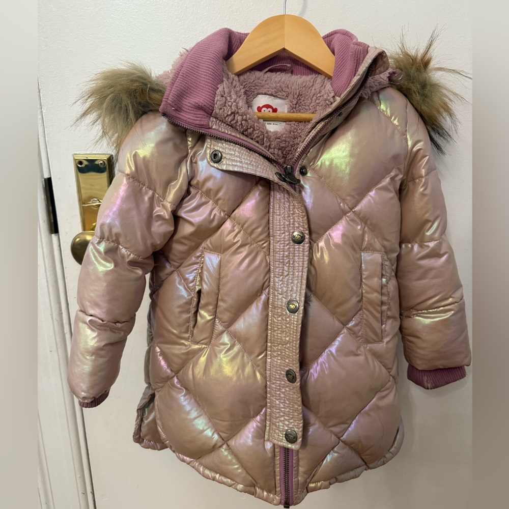 Appaman Iridescent Pink Puffer Coat with Faux Fur Trim. Barely worn.